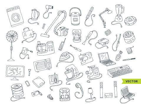 Collection of equipment. Cartoon doodling style drawing. Symbols of electronic objects. Vector line illustration isolated from white background.