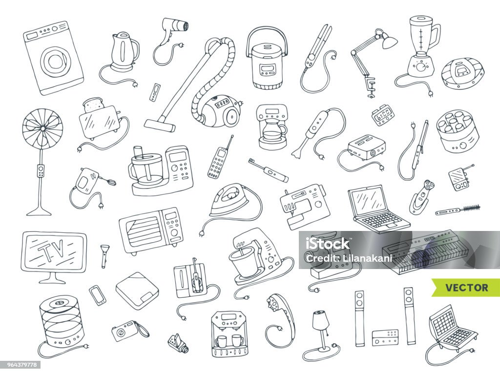 Household appliances doodle hand drawn big icons set. Collection of equipment. Cartoon doodling style drawing. Symbols of electronic objects. Vector line illustration isolated from white background. Appliance stock vector