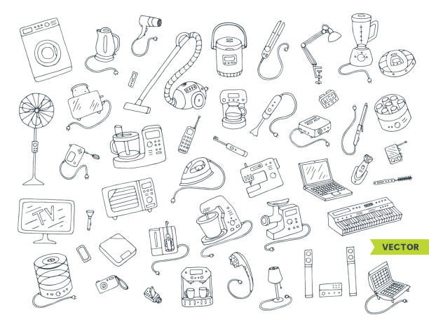 Household appliances doodle hand drawn big icons set. Collection of equipment. Cartoon doodling style drawing. Symbols of electronic objects. Vector line illustration isolated from white background. iron appliance stock illustrations
