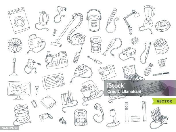 Household Appliances Doodle Hand Drawn Big Icons Set Stock Illustration - Download Image Now