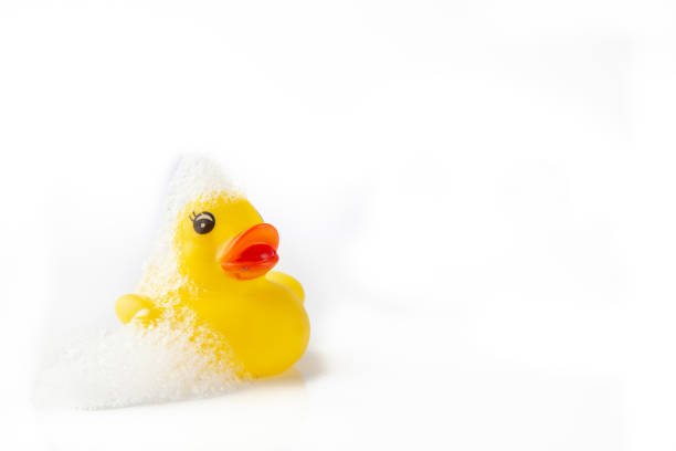 istock One Yellow rubber duck with soap suds on its head on white background 964383710