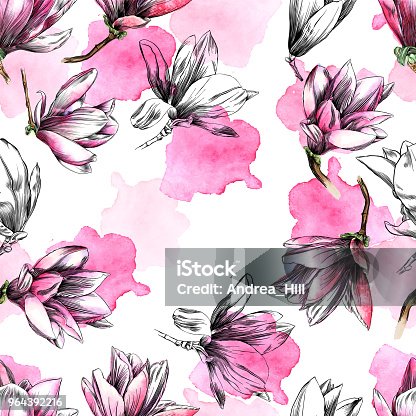 istock Seamless Magnolia Flower Pattern with Watercolor and Pen and Ink Elements 964392216