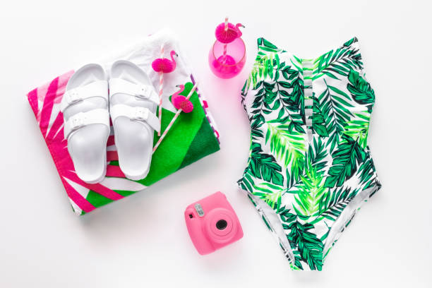 istock Pink and Green Tropical Beach Themed Flat Lay with Drinks, Trendy Vacation Accessories 964392254