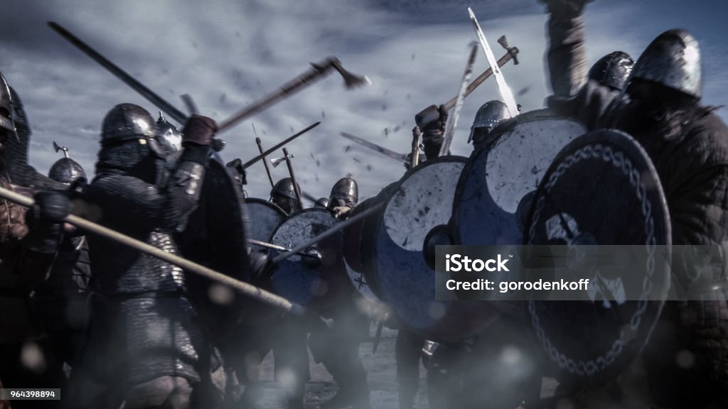 Large Battle Between Medieval Warriors. Medieval Reenactment. Viking Stock Photo