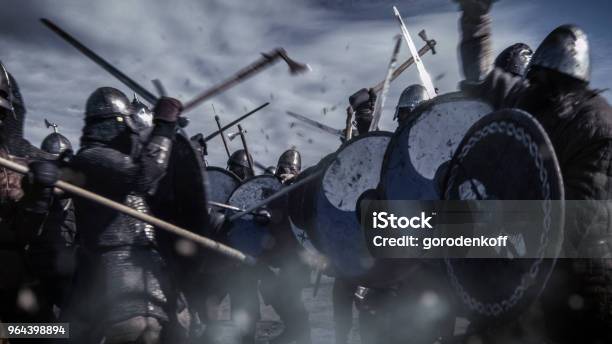 Large Battle Between Medieval Warriors Medieval Reenactment Stock Photo - Download Image Now