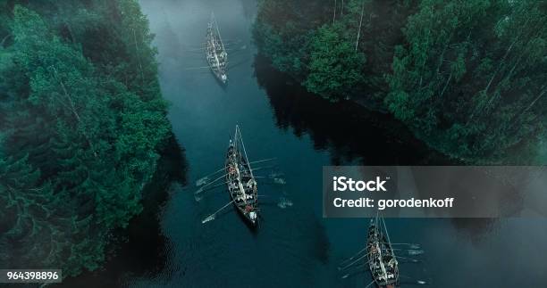Aerial Shot Of A Sailing Viking Row Ships On River Medieval Reenactment Stock Photo - Download Image Now