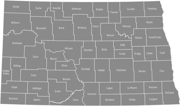 North Dakota county map vector outline gray background. Map of North Dakota state of USA with borders and counties names labeled North Dakota county map vector outline gray background. Map of North Dakota state of USA with borders and counties names labeled mclean county stock illustrations