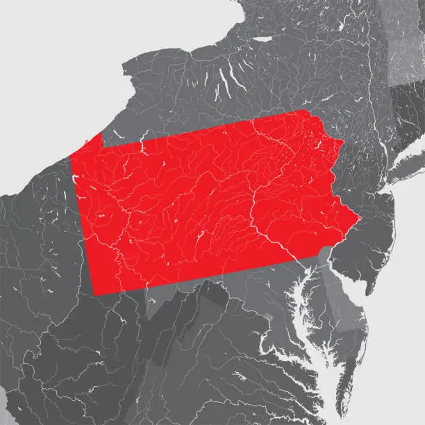 Vector illustration of Map of Pennsylvania with lakes and rivers.