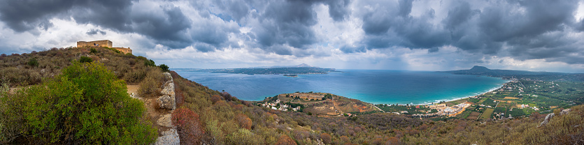 Panorama of sea bay with old venetian fortress Itzedin and Turkish medieval fortress in Aptera, Chania on Crete island, Greece