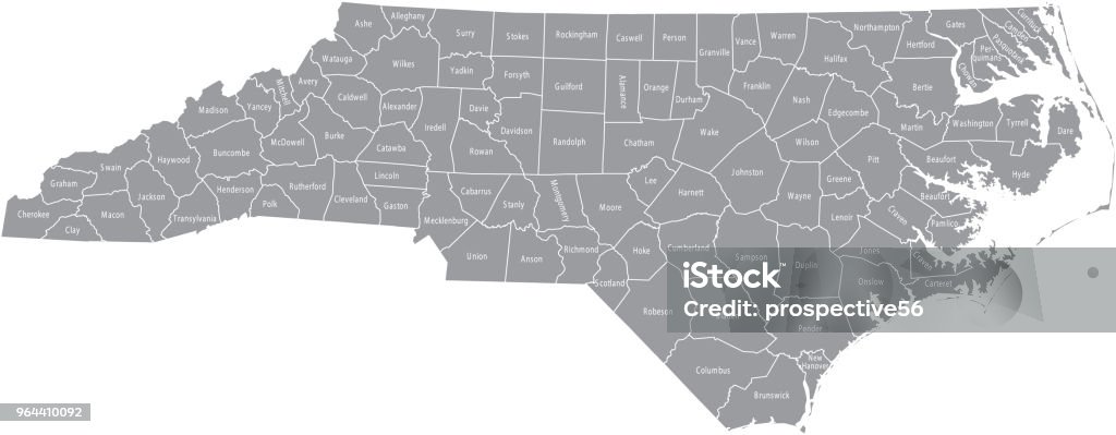 North Carolina county map vector outline gray background. Map of North Carolina state of USA with counties borders and names labeled North Carolina - US State stock vector