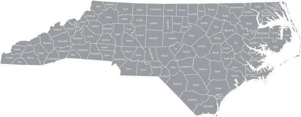 North Carolina county map vector outline gray background. Map of North Carolina state of USA with counties borders and names labeled North Carolina county map vector outline gray background. Map of North Carolina state of USA with counties borders and names labeled north carolina us state stock illustrations