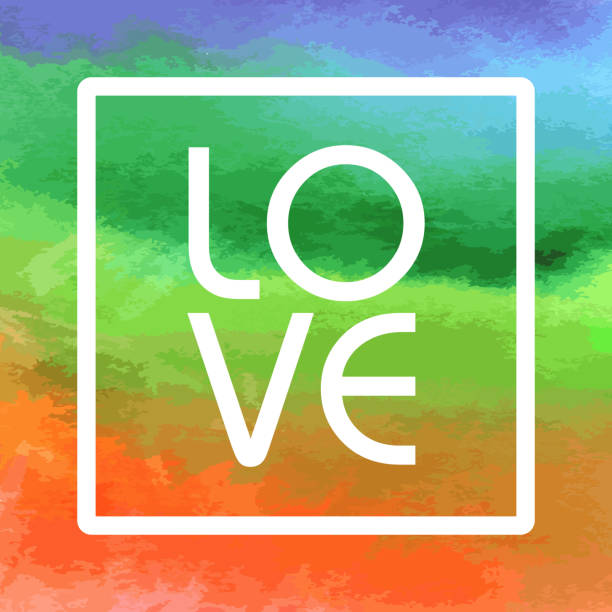 istock Love calligraphy lettering in a square frame on rainbow watercolor background. Hand drawn brush texture, drawing, painting. Artistic colorful design for Valentine's Day card, banner, poster. 964410622