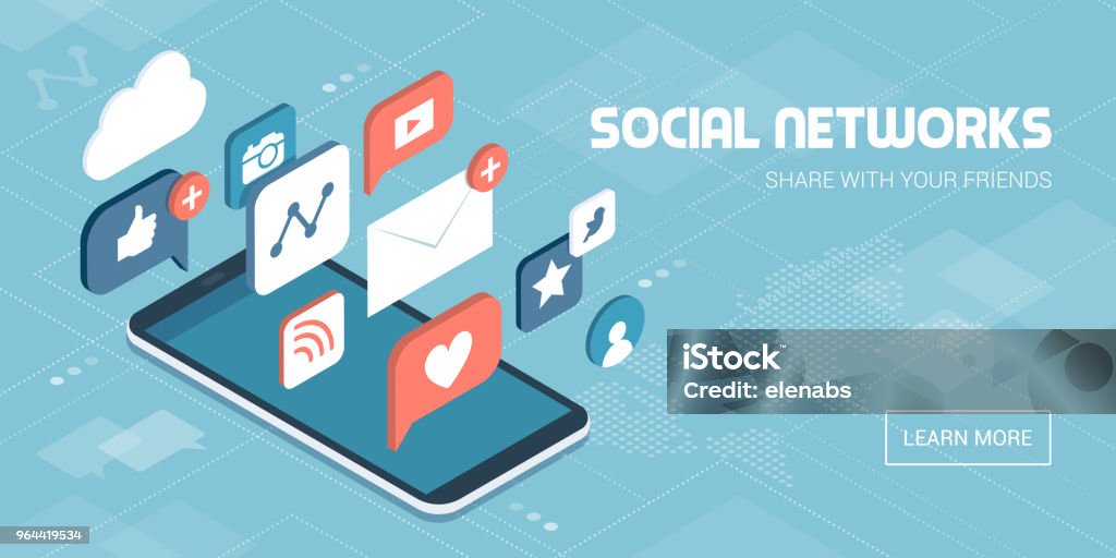 Social media apps on a smartphone Social media apps on a smartphone: online sharing, messaging and marketing on social networks concept Social Media stock vector