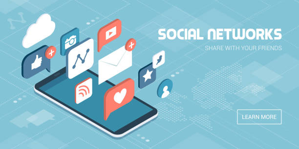 Social media apps on a smartphone Social media apps on a smartphone: online sharing, messaging and marketing on social networks concept social media icons phone stock illustrations