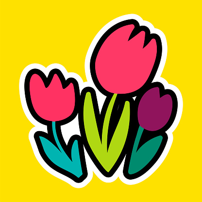 Vector Romantic Love Patch in doodle cartoon style. A bouquet of tulips. Girl fashion patchworks design. Nice cartoon sticker. Fun badge.