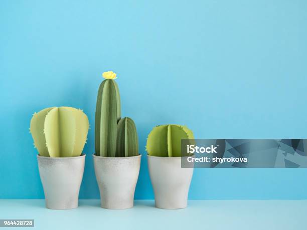 Paper Cactuses On Blue Stock Photo - Download Image Now - Cooking Pan, Cactus, Houseplant