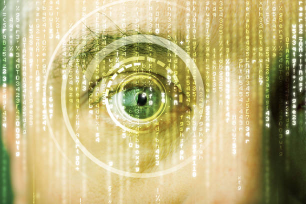 istock Modern cyber soldier with target matrix eye 964428880