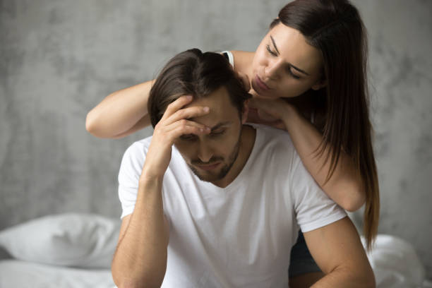 istock Young woman embracing upset offended man apologizing, asking for 964428952