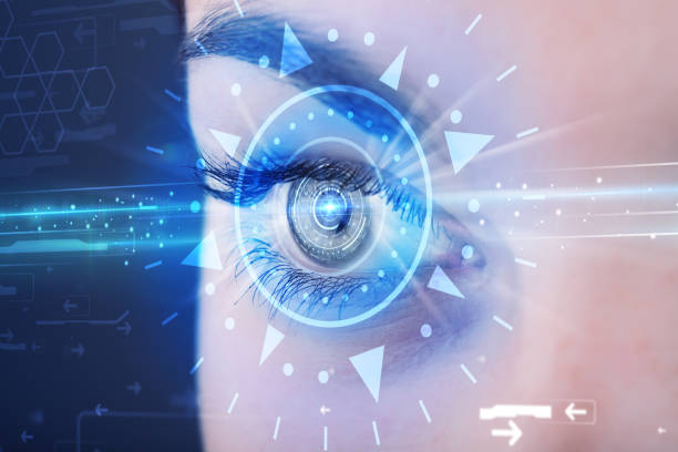 istock Cyber girl with technolgy eye looking into blue iris 964428954