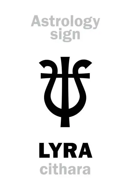 Vector illustration of Astrology Alphabet: LYRA (cithara/guitare), celestial constellation. Hieroglyphics character sign (single symbol).