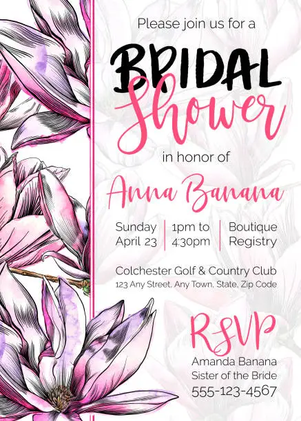 Vector illustration of Vector Bridal Shower Invitation With Magnolia Flowers,  Watercolor and Pen and Ink Elements