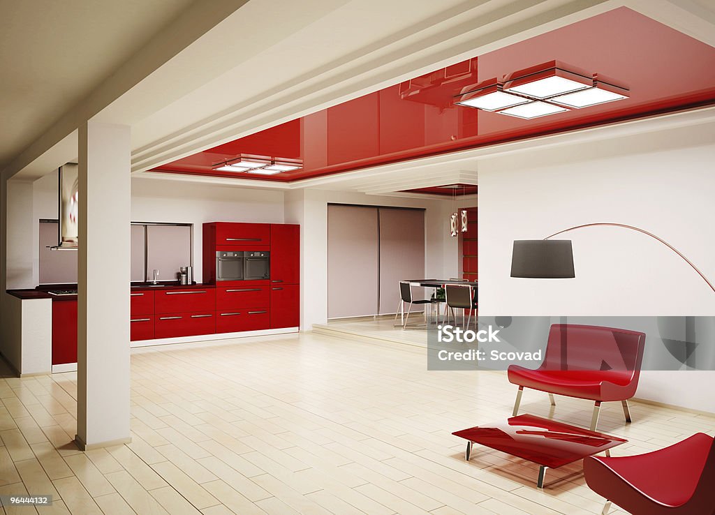 Interno di cucina moderna render 3d - Foto stock royalty-free di Acciaio inossidabile