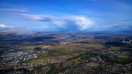 An aerial view over the river forth as it meanders past Bannockburn on its way to the Fife coast and Estuary