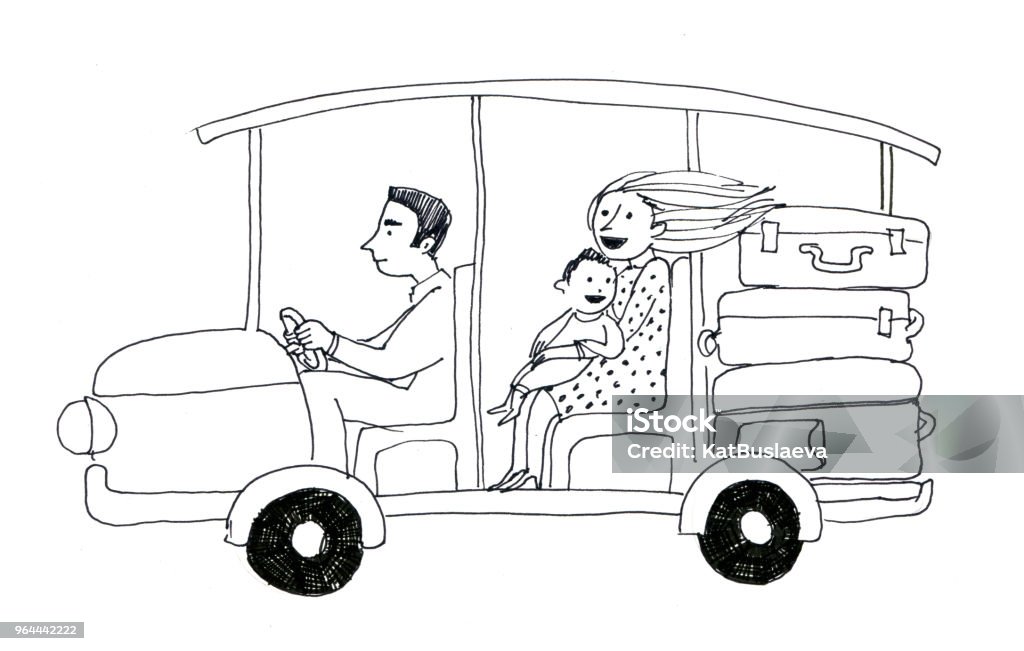 Zwart-wit elektrische auto met familie en koffer. Het hotel stuurprogramma uitvoert een toeristische vrouw met baby- en koffers - Royalty-free Alternatieve-brandstofvoertuig Stockillustraties