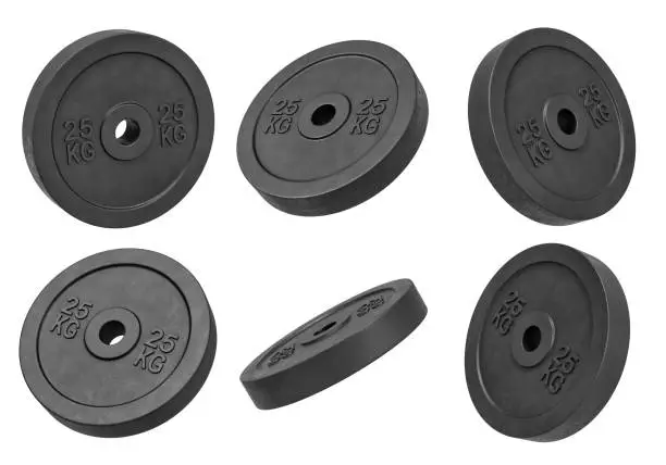 3d rendering of many isolated black 25 kg barbell weights hanging on a white background turned to different sides. Heavy weight lifting. Gym supplies. Creating new body.
