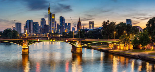 istock Floesserbruecke Reflection on Main River and Frankfurt City Skyline at Sunset 964447004