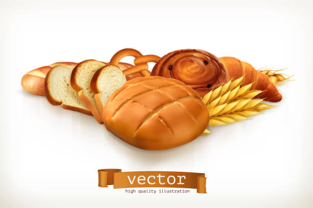 ilustrações, clipart, desenhos animados e ícones de pão, ilustração vetorial isolado no branco - bakery bread carbohydrate cereal plant