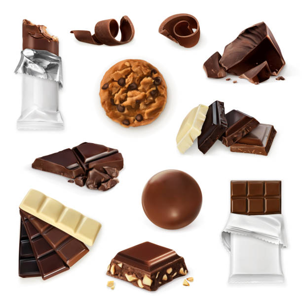 Chocolate, vector icon set. Different kinds of cacao products: energy bar, candy, chocolate pieces, slices, shavings, cookie. Delicious collection for dessert, advertising illustration for sweet shop Chocolate, vector icon set. Different kinds of cacao products: energy bar, candy, chocolate pieces, slices, shavings, cookie. Delicious collection for dessert, advertising illustration for sweet shop chocolate cookies stock illustrations