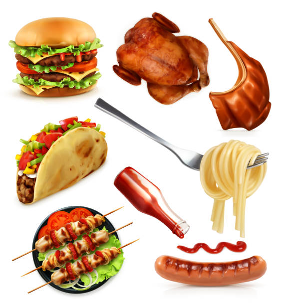 fast-food, set vektor-icons - three dimensional hamburger unhealthy eating isolated on white stock-grafiken, -clipart, -cartoons und -symbole