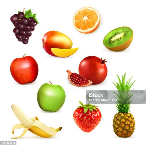 Fruits Set Of Vector Illustrations Stock Illustration - Download Image Now - Fruit, Three Dimensional, Apple - Fruit