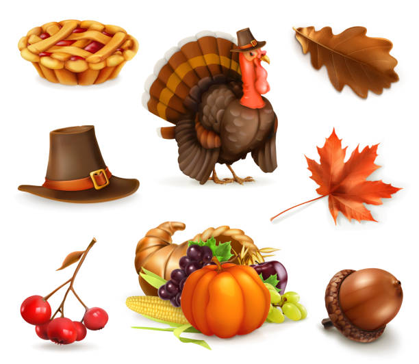 행복 한 추수 감사절 만화 문자 및 개체입니다. 3 차원 벡터 아이콘 세트 - white backgrounds thanksgiving pumpkin stock illustrations