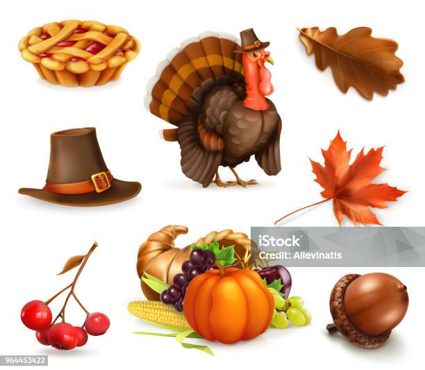 Happy Thanksgiving Cartoon Character And Objects 3d Vector Icon Set Stock Illustration - Download Image Now