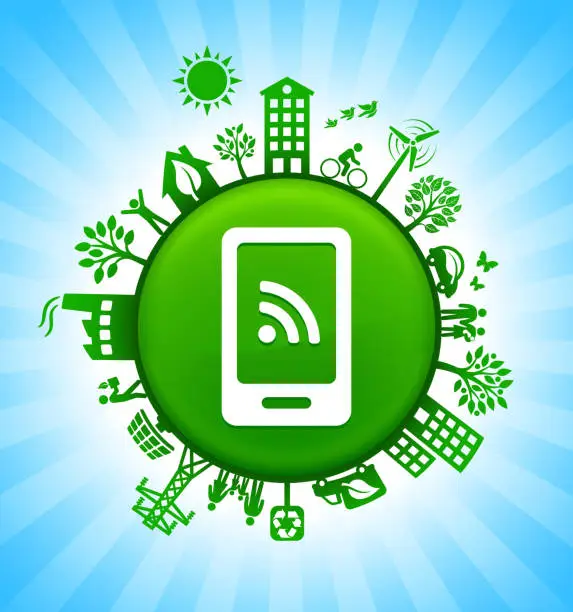 Vector illustration of WiFi Connection on Smart Phone Environment Green Button Background on Blue Sky