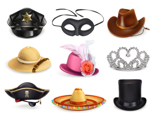 ilustraciones, imágenes clip art, dibujos animados e iconos de stock de set de sombreros, colección de tocados, iconos vectoriales - accesorio de cabeza