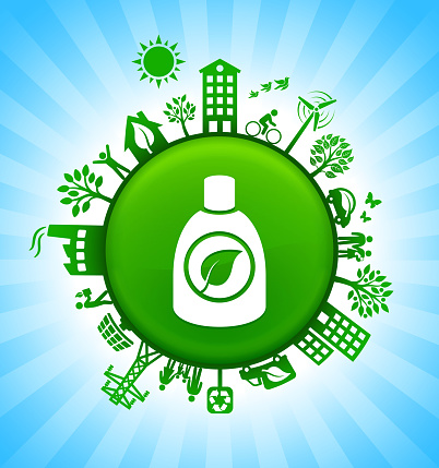 Enviromental Detergent Environment Green Button Background on Blue Sky. The main icon is placed on a round green shiny button in the center of the illustration. Environmental green living lifestyle icons go around the circumference of the button. Green building, man on a bicycle, trees, wind turbine, alternative energy and other environmental conservation symbols complete this illustration. The background has a blue glow effect.