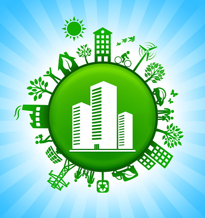 Three Building Environment Green Button Background on Blue Sky. The main icon is placed on a round green shiny button in the center of the illustration. Environmental green living lifestyle icons go around the circumference of the button. Green building, man on a bicycle, trees, wind turbine, alternative energy and other environmental conservation symbols complete this illustration. The background has a blue glow effect.