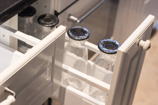 modern kitchen top with food ingredients. top view of drawer with glass jars - showcase interior inside of domestic room indoors imagens e fotografias de stock