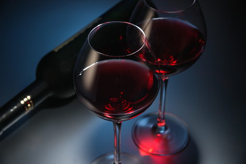 Red wine, two glasses and bottle