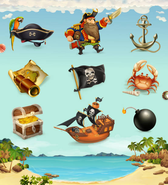 ilustraciones, imágenes clip art, dibujos animados e iconos de stock de piratas de mar, graciosos personajes y objetos, conjunto de iconos de vector - bay