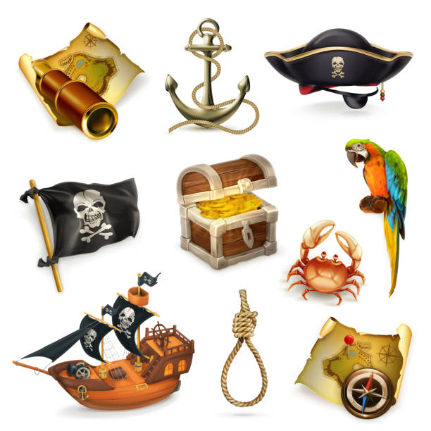 illustrazioni stock, clip art, cartoni animati e icone di tendenza di pirati del mare, set di icone vettoriali - pirate corsair cartoon danger