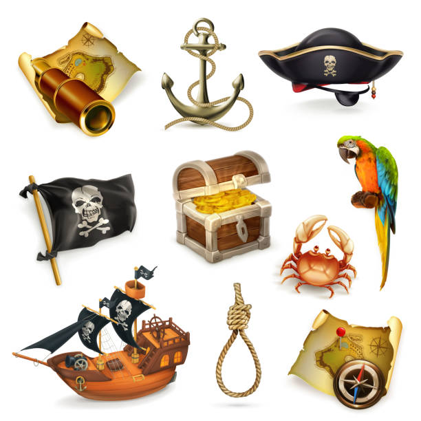 морские пираты, набор векторных значков - pirate corsair cartoon danger stock illustrations