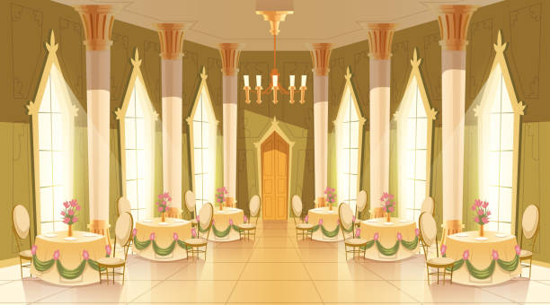 Vector cartoon castle hall, ballroom for dancing Vector cartoon illustration of castle hall, ballroom for dancing, royal receptions, dinners or banquets. Interior of big luxurious room with dance floor, chandelier, columns, tables in medieval palace ballroom stock illustrations