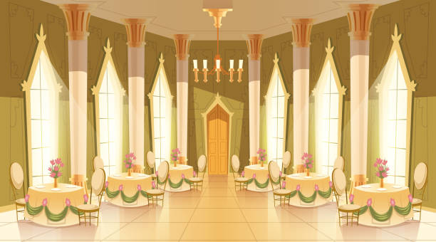 Vector cartoon castle hall, ballroom for dancing Vector cartoon illustration of castle hall, ballroom for dancing, royal receptions, dinners or banquets. Interior of big luxurious room with dance floor, chandelier, columns, tables in medieval palace cartoon palace stock illustrations
