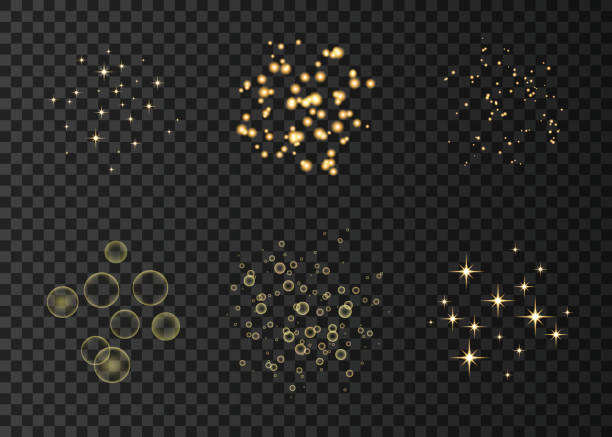 Gold neon circles and stars lights effects. Gold neon circles and stars lights effects isolated on black transparent background. Shining golden sparkles. Firework. Vector design element. speck of dust stock illustrations