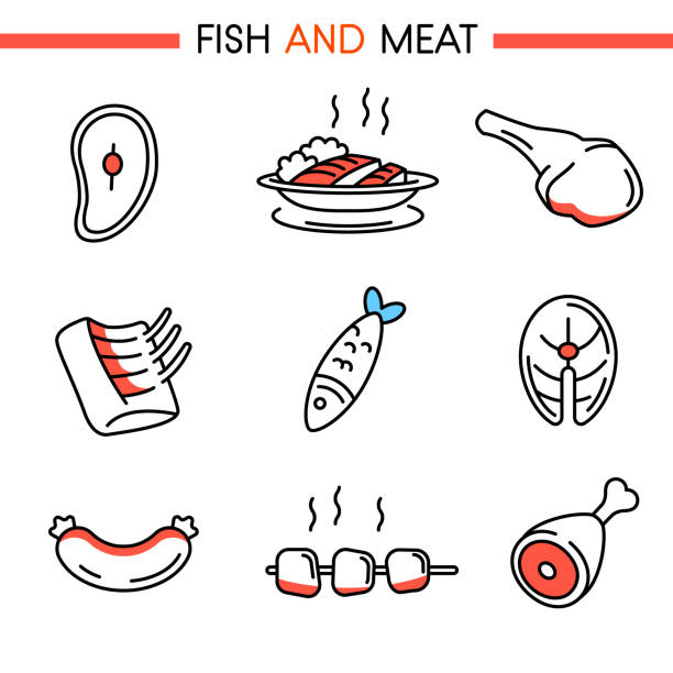 illustrations, cliparts, dessins animés et icônes de icônes - poisson et viande - tuna steak grilled tuna food