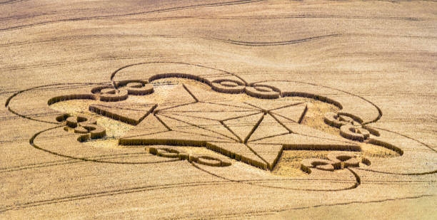Crop circle appeared on the field - unbeliev Wiltshire UK - The crop circle - who did it ? crop circle stock pictures, royalty-free photos & images